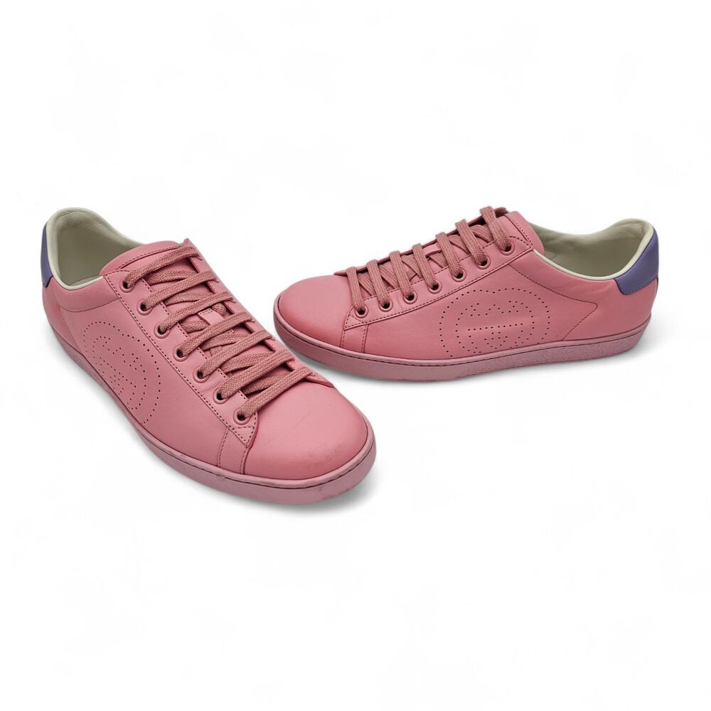Gucci Ace GG Logo Low Top Sneaker Pink Purple Leather Lace Up Size 39.5 US 9.5